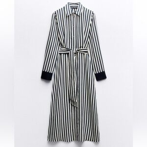 Zara Navy and White Striped Long Sleeve Dress